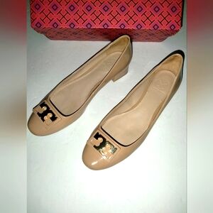 Tory Burch (Size 8) Nude Beige Patent Gold Accent Logo Slip-on Gigi Block Heels